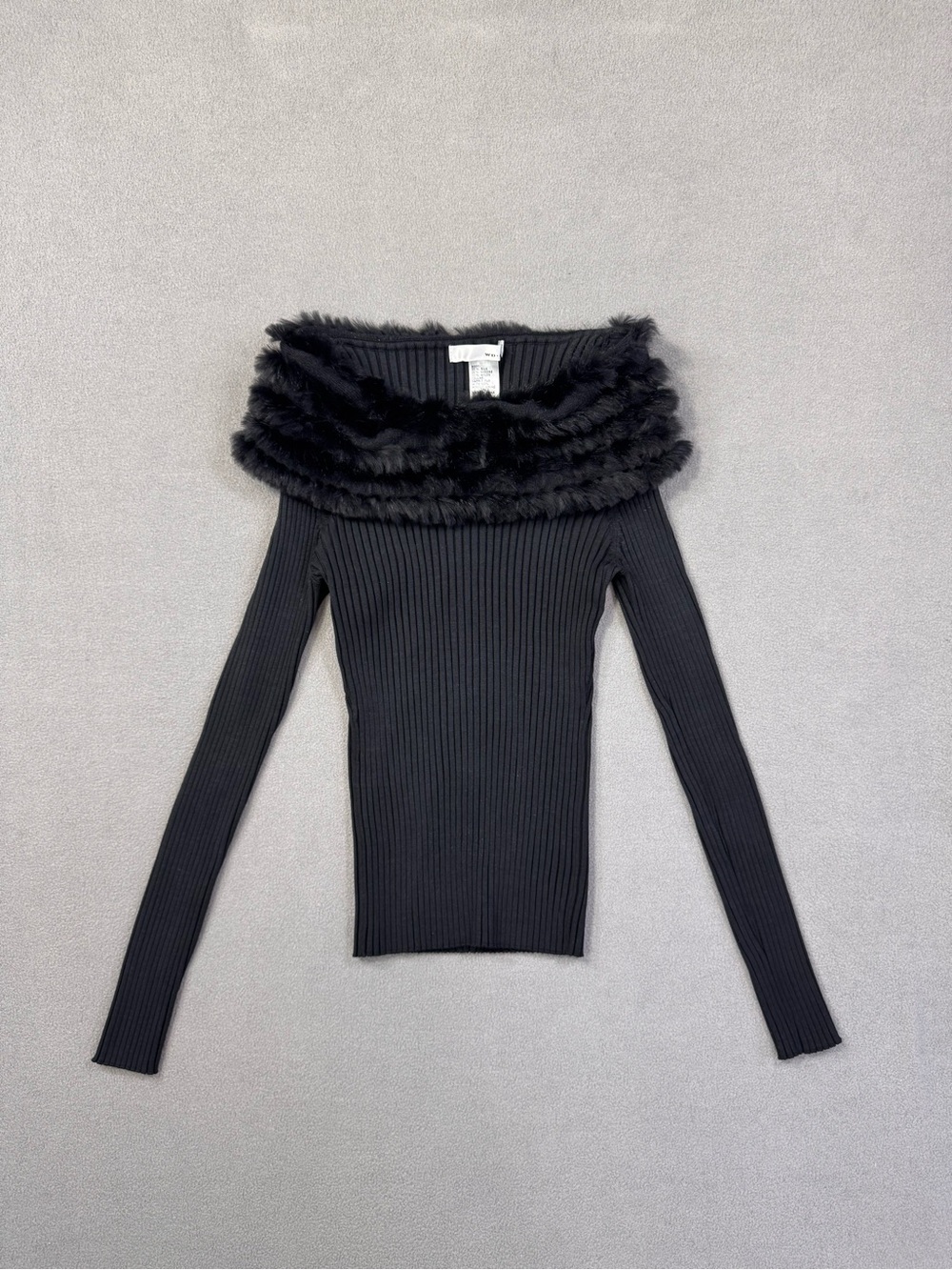 Vintage WD.NY Black Off the Shoulder Rabbit Fur Trim Silk Blend Long Sleeve Top